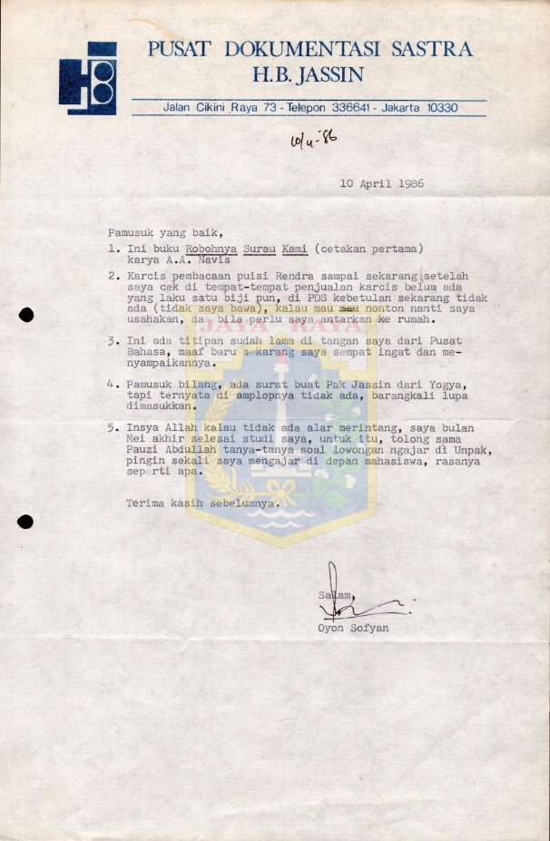 Surat untuk Pamusuk Eneste dari Oyon Sofyan (10 April 1986)