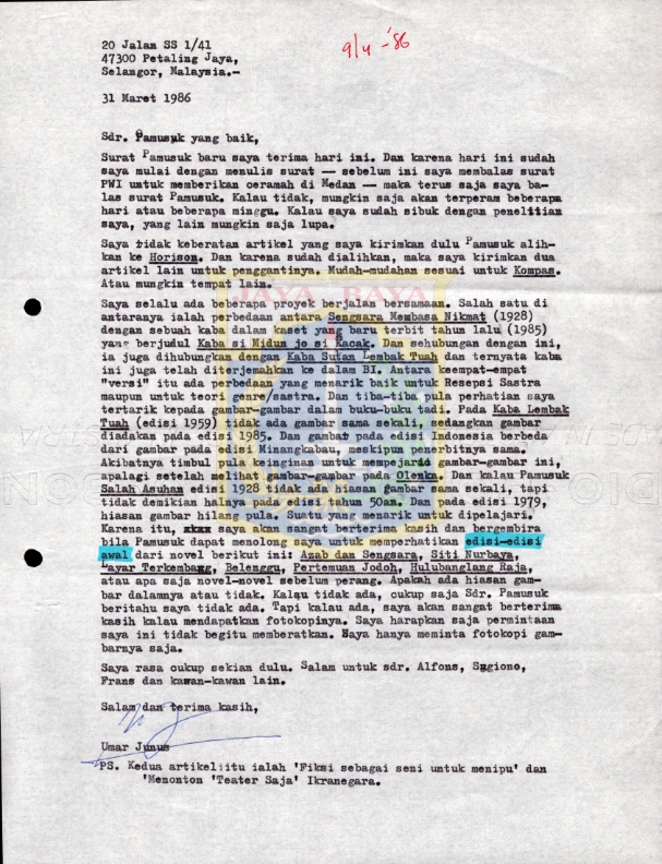 Surat untuk Pamusuk Eneste dari Umar Junus (31 Maret 1986)