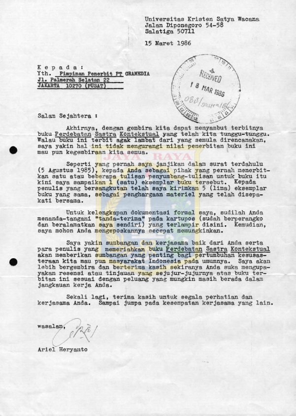 Surat untuk Pimpinan Penerbit PT Gramedia dari Ariel Heryanto (15 Maret 1986)