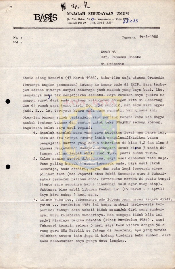 Surat untuk Pamusuk Eneste dari B. Rahmanto (14 Maret 1986)
