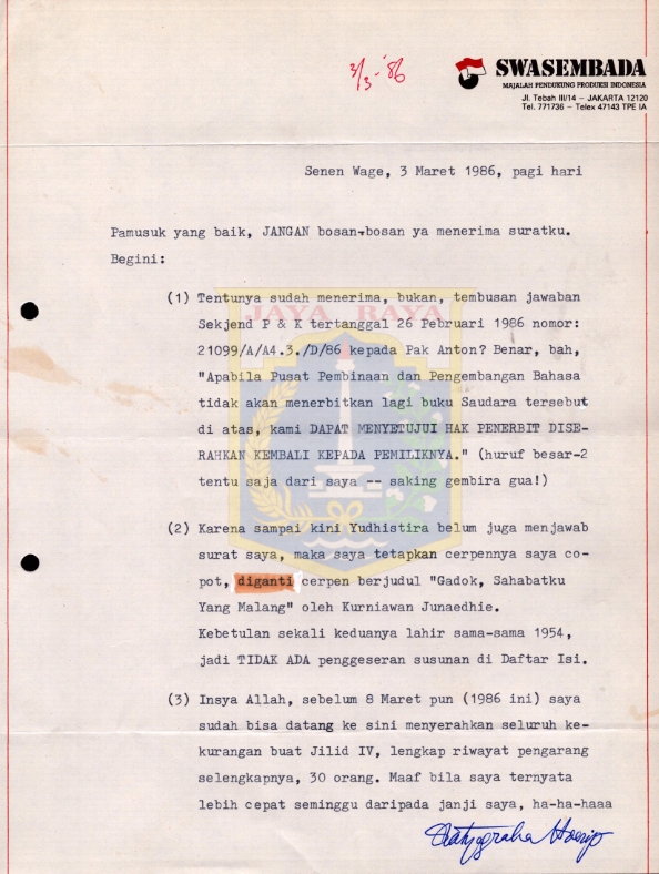 Surat untuk Pamusuk Eneste dari Satyagraha Hoerip (3 Maret 1986)
