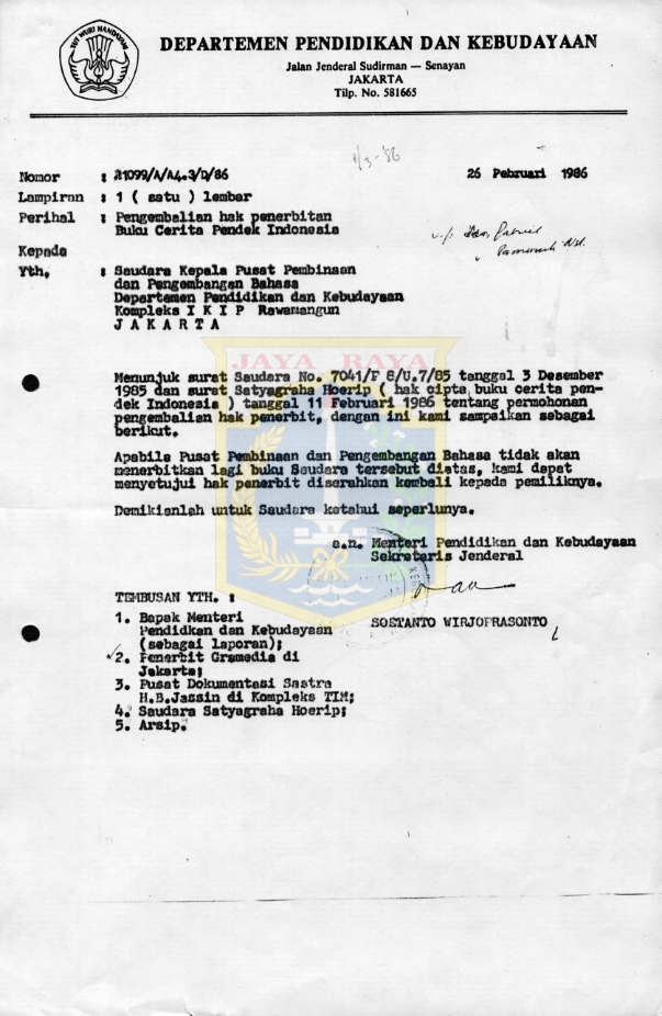 Surat untuk Kepala Pusat Pembinaan dan Pengembangan Bahasa Departemen Pendidikan dan Kebudayaan dari Soetanto Wirjoprasonto (26 Februari 1986)