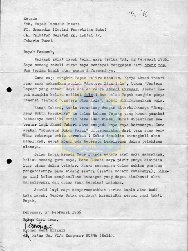 Surat-surat untuk Pamusuk Eneste dari Nyoman Reni Ariastri (18 & 24 Februari 1986)