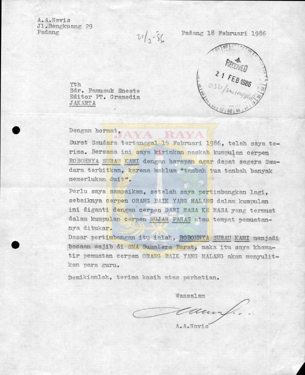Surat untuk Pamusuk Eneste dari A.A. Navis (18 Februari 1986)