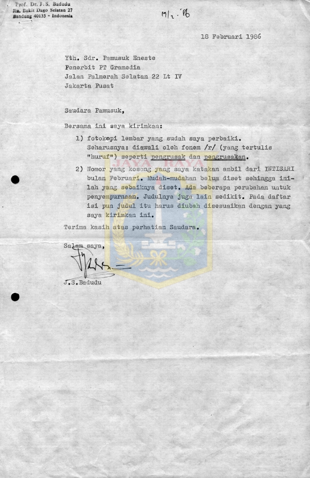Surat untuk Pamusuk Eneste dari J.S. Badudu (18 Februari 1986)