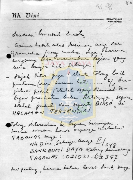 Surat untuk Pamusuk Eneste dari Nh. Dini (17 Februari 1986)
