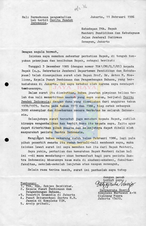 Surat untuk Pamusuk Eneste dari Satyagraha Hoerip (11 Februari 1986)
