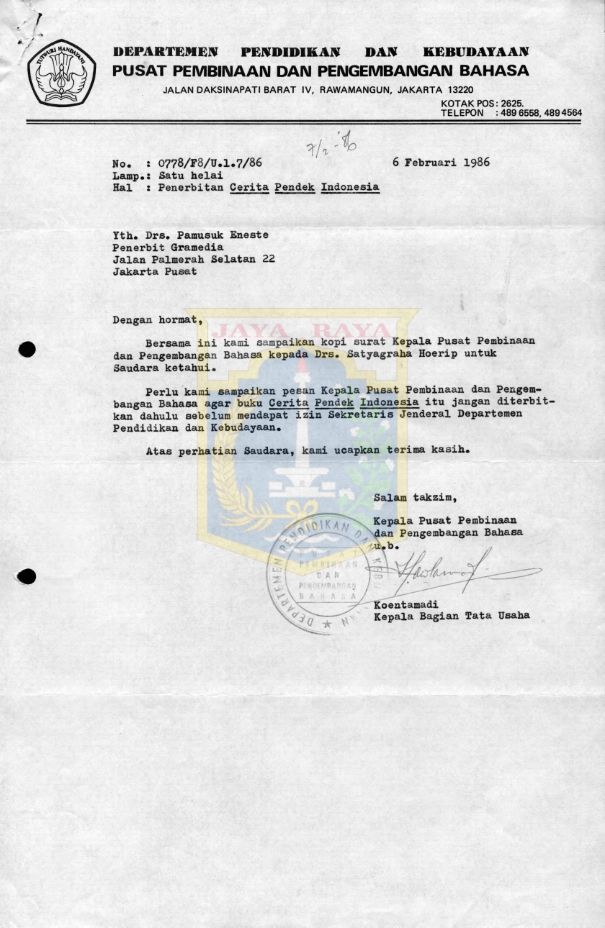 Surat untuk Pamusuk Eneste dari Koentamadi (6 Februari 1986)