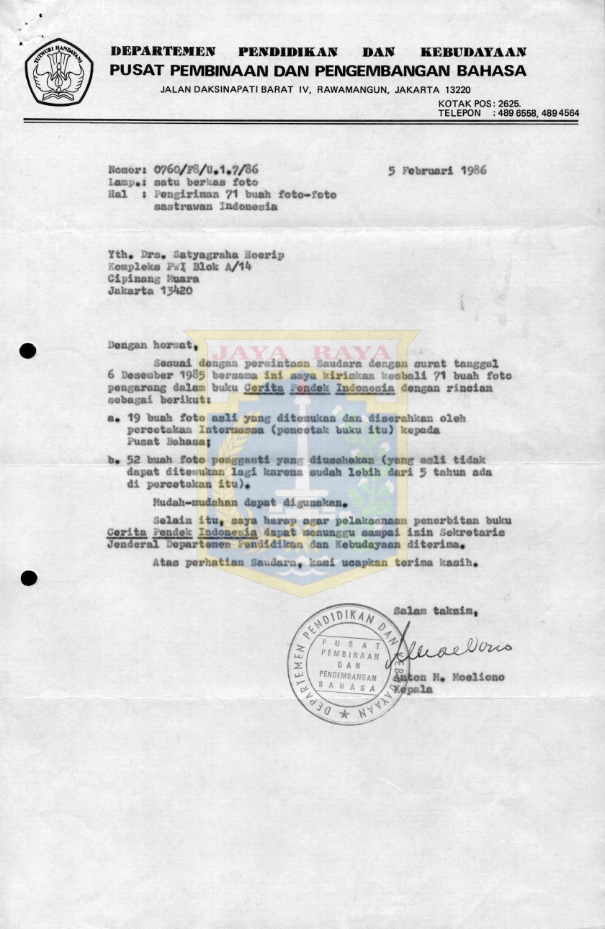 Surat untuk Satyagraha Hoerip dari Anton M. Moeliono (5 Februari 1986)