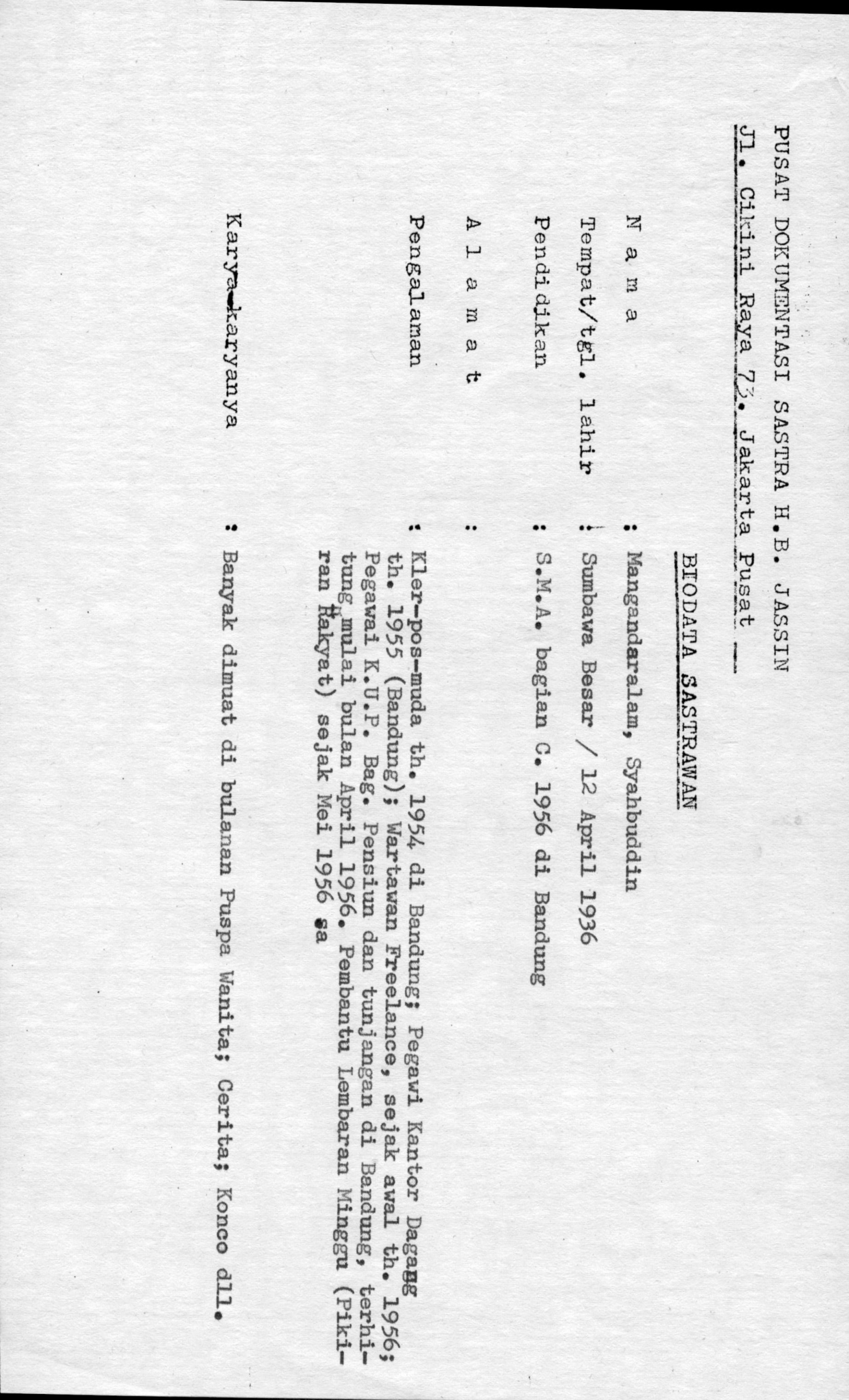 Biodata Sastrawan - Syahbuddin Mangandaralam