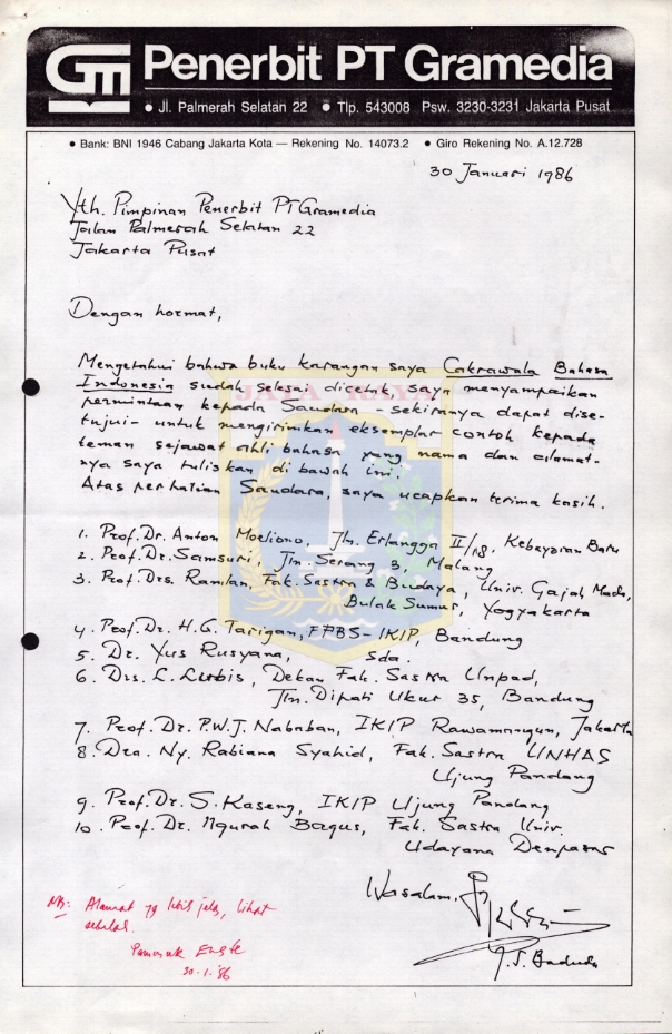 Surat untuk Pimpinan Penerbit PT Gramedia dari J.S. Badudu (30 Januari 1986)