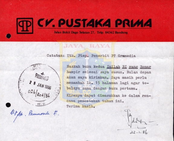 Surat-surat untuk Pamusuk Eneste dari J.S. Badudu (21-22 Januari 1986)
