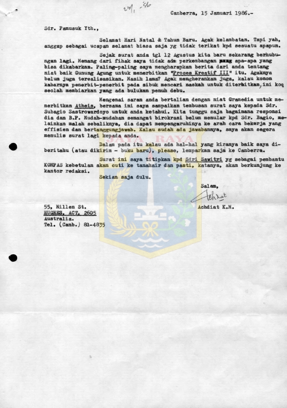 Surat dari Achdiat K. Mihardja untuk Pamusuk dan Subagio Sastrowardoyo (15 Januari 1986)
