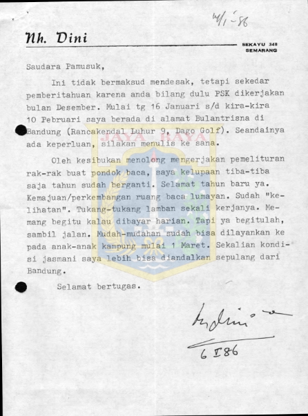Surat untuk Pamusuk Eneste dari Nh. Dini (6 Januari 1986)