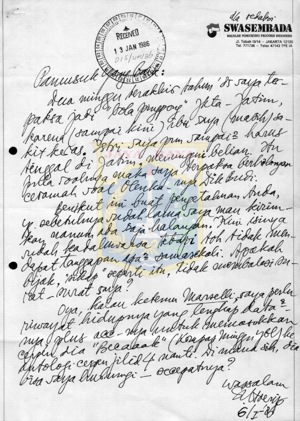 Surat dari Satyagraha Hoerip untuk Pamusuk Eneste dan Kepala Pusat Pembinaan dan Pengembangan Bahasa