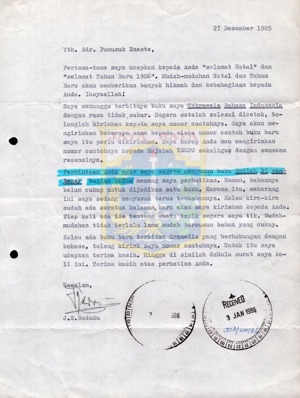 Surat untuk Pamusuk Eneste dari J.S. Badudu (27 Desember 1985)
