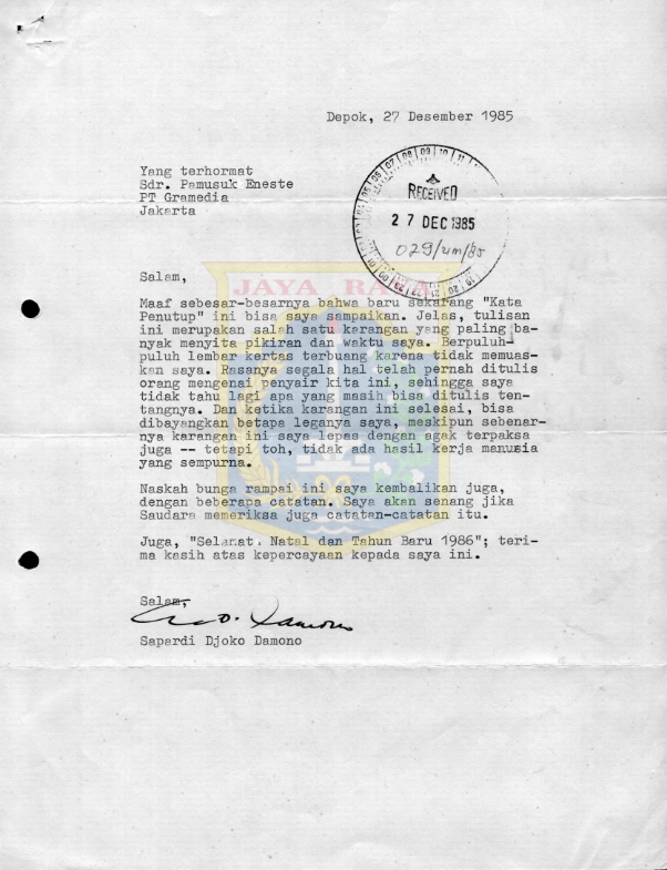 Surat untuk Pamusuk Eneste dari Sapardi Djoko Damono (27 Desember 1985)