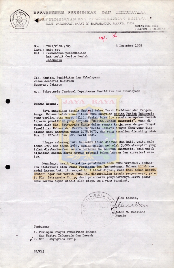 Surat untuk Menteri Pendidikan dan Kebudayaan dari Anton M. Moeliono (3 Desember 1985)