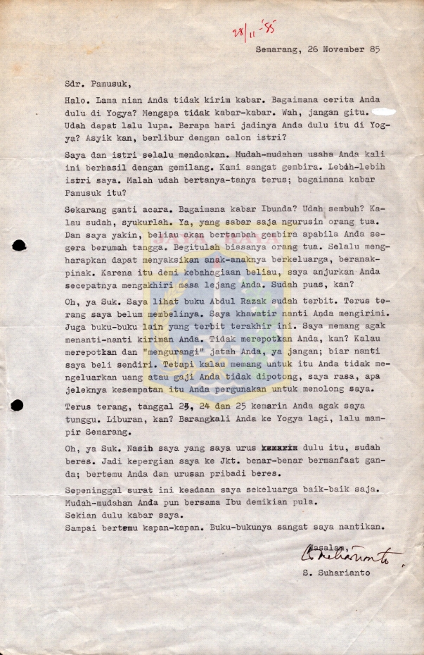 Surat untuk Pamusuk Eneste dari S. Suharianto (26 November 1985)