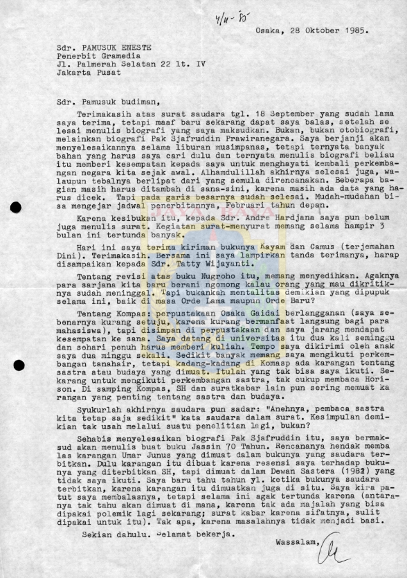 Surat untuk Pamusuk Eneste dari Ajip Rosidi (28 Oktober 1985)