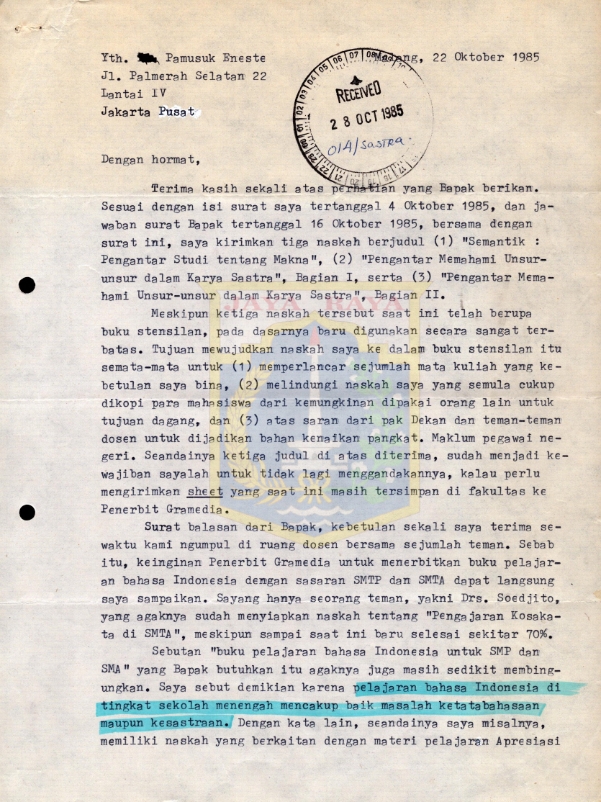 Surat untuk Pamusuk Eneste dari Aminuddin (22 Oktober 1985)