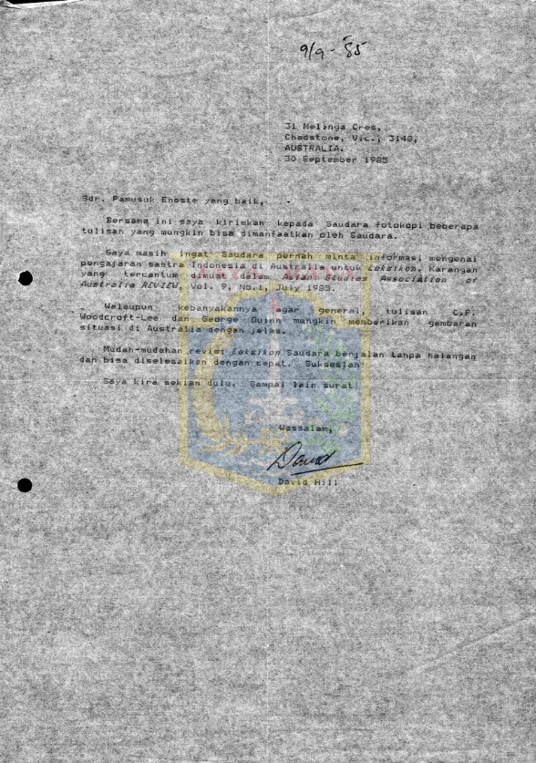 Surat untuk Pamusuk Eneste dari David Hill (30 September 1985)