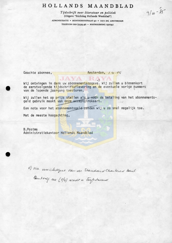 Surat untuk Pamusuk Eneste dari B. Postma (1 Oktober 1985)