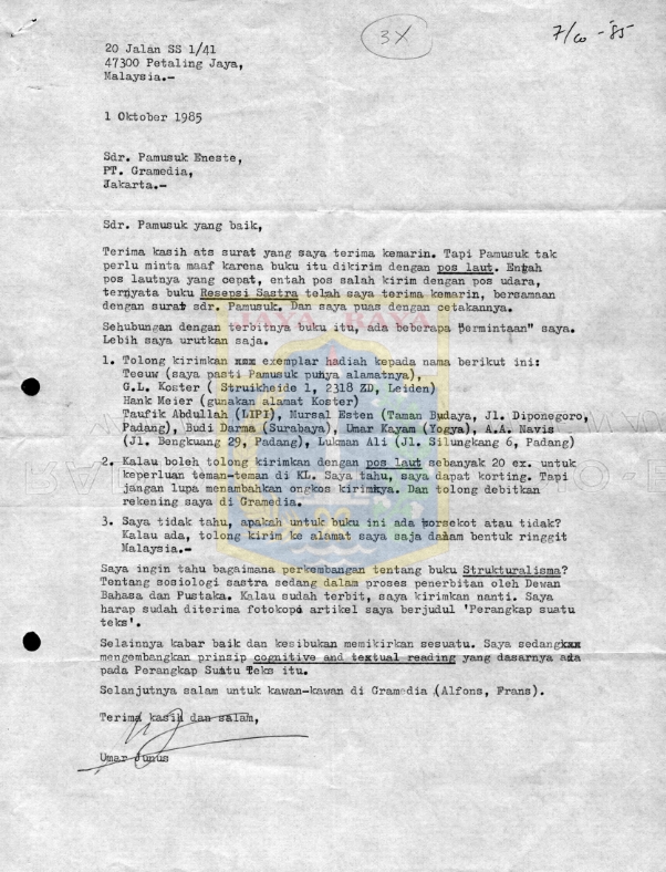 Surat untuk Pamusuk Eneste dari Umar Junus (1 Oktober 1985)