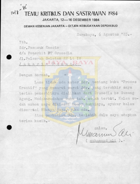 Surat untuk Pamusuk Eneste dari Muhammad Ali (6 Agustus 1985)