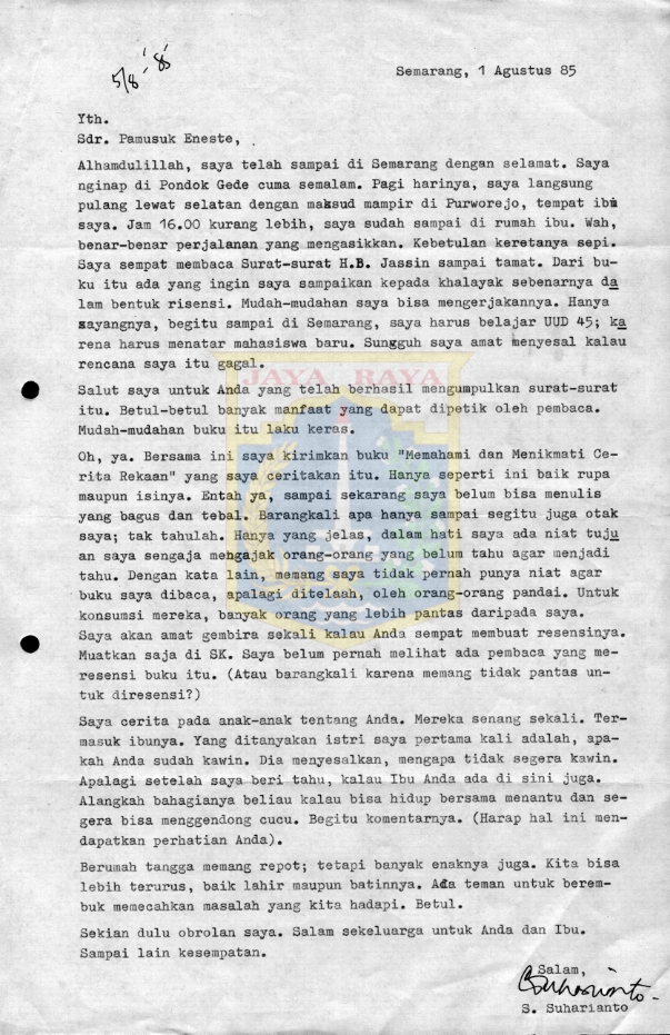 Surat untuk Pamusuk Eneste dari S. Suharianto (1 Agustus 1985)