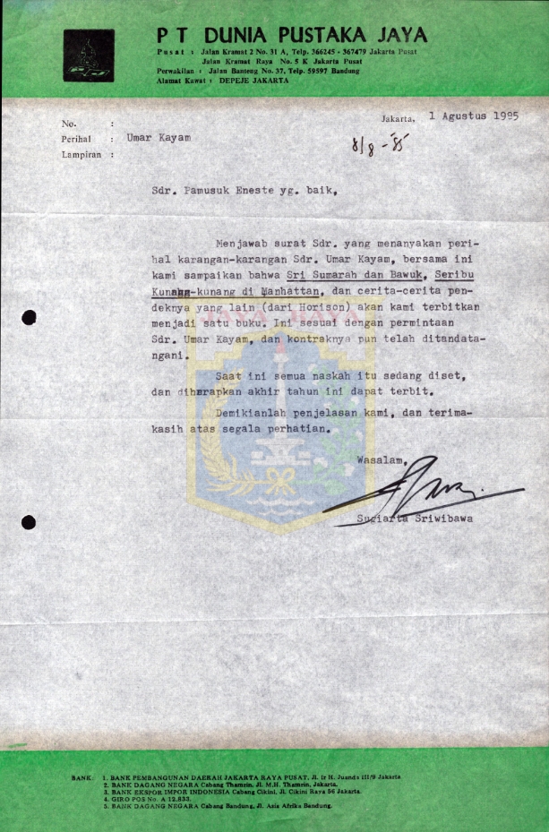 Surat untuk Pamusuk Eneste dari Sugiarta Sriwibawa (1 Agustus 1985)