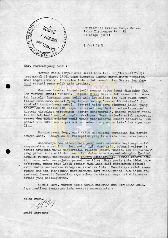 Surat untuk Pamusuk Eneste dari Ariel Heryanto (4 Juni 1985)