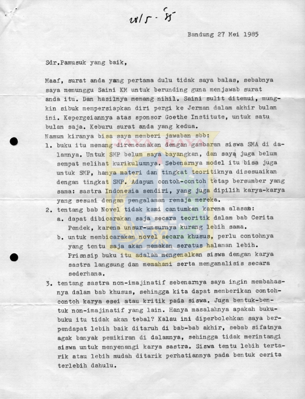 Surat untuk Pamusuk Eneste dari Jakob Sumardjo (27 Mei 1985)