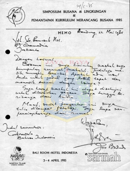 Surat untuk Pamusuk Eneste dari J.S. Badudu (22 Mei 1985)