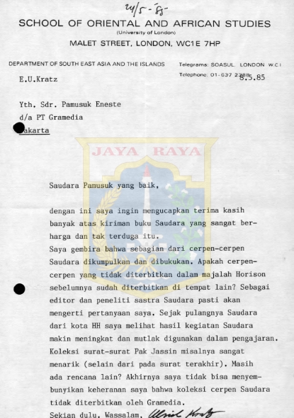 Surat untuk Pamusuk Eneste dari London (8 Mei 1985)