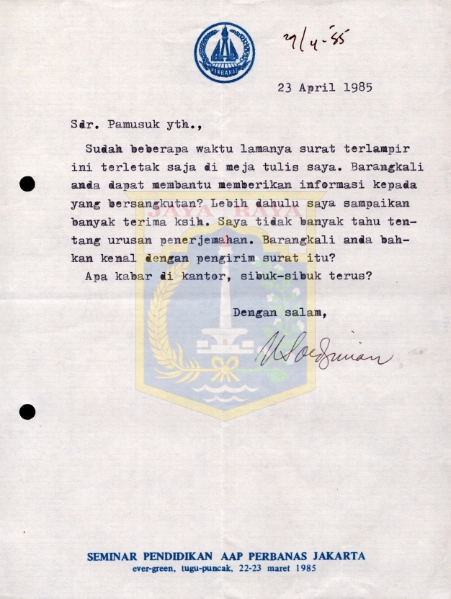 Surat untuk Pamusuk Eneste (23 April 1985)