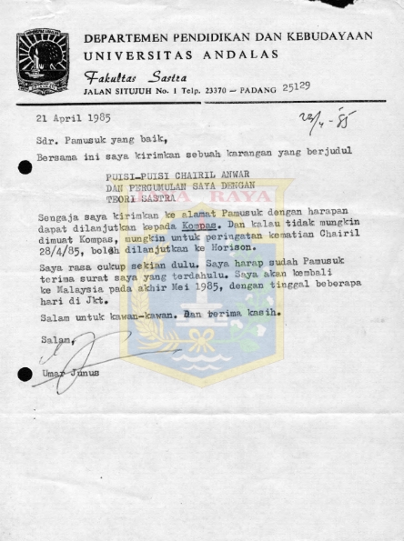 Surat untuk Pamusuk Eneste dari Umar Junus (21 April 1985)