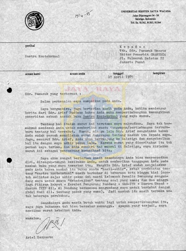 Surat untuk Pamusuk Eneste dari Ariel Heryanto (17 April 1985)
