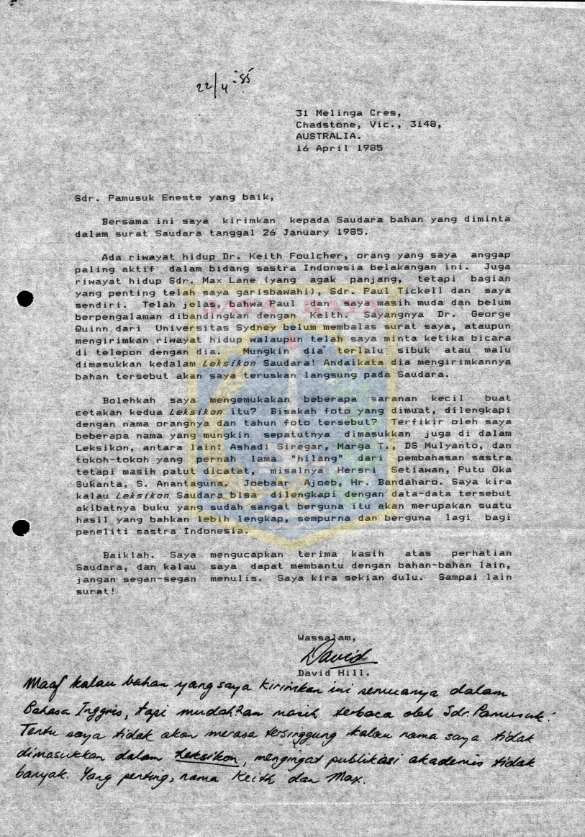 Surat untuk Pamusuk Eneste dari David Hill (16 April 1985)