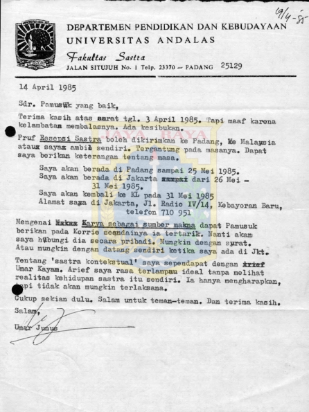 Surat untuk Pamusuk Eneste dari Umar Junus (14 April 1985)
