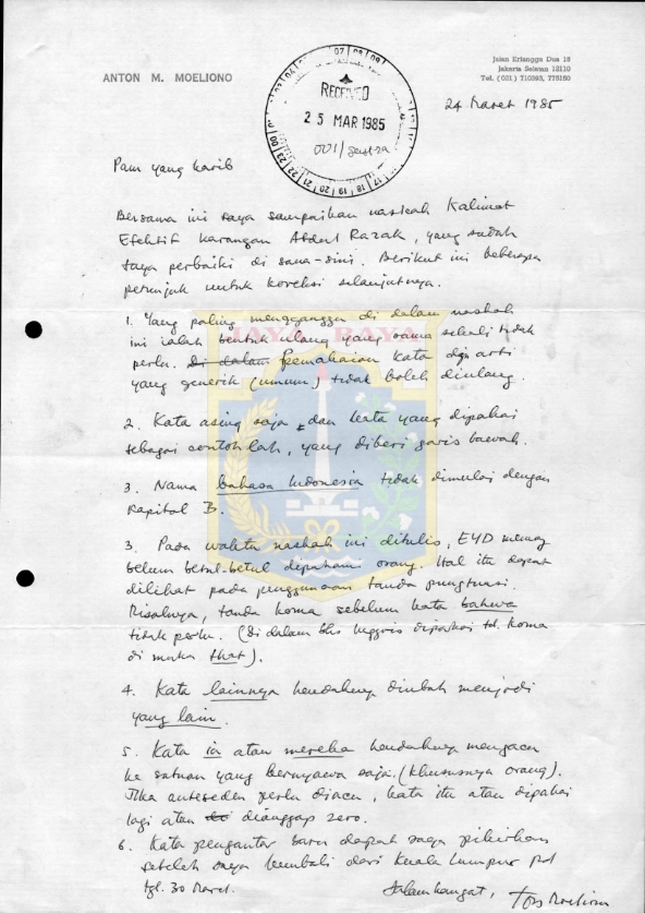 Surat tulisan tangan untuk Pamusuk Eneste dari Anton M. Moeliono (24 Maret 1985)