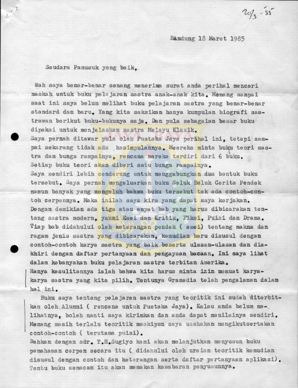 Surat untuk Pamusuk Eneste dari Jakob Sumardjo (18 Maret 1985)