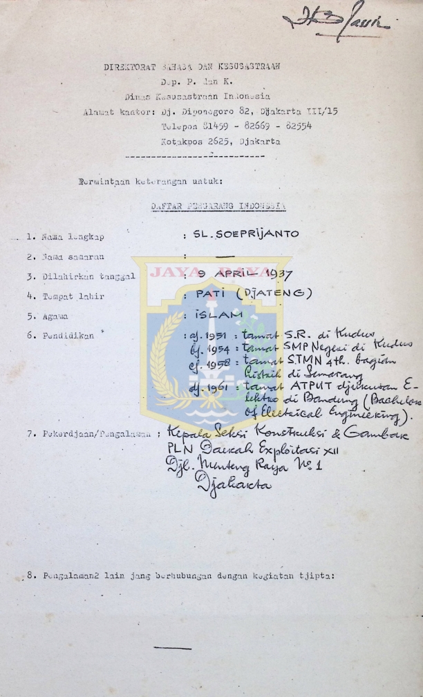 Daftar pengarang Indonesia SL. Soeprijanto