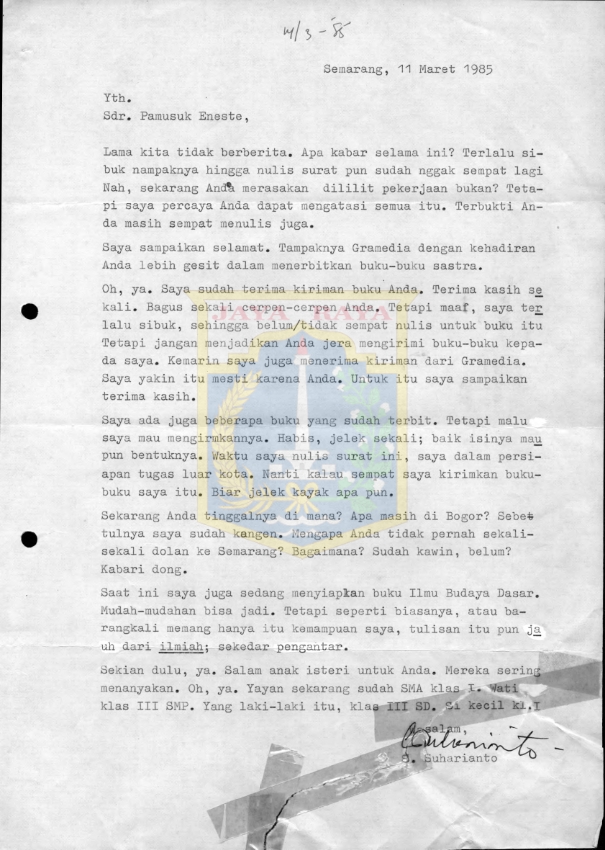 Surat untuk Pamusuk Eneste dari S. Suharianto (11 Maret 1985)
