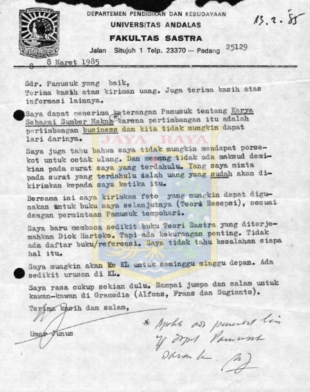 Surat untuk Pamusuk Eneste dari Umar Junus (8 Maret 1985)