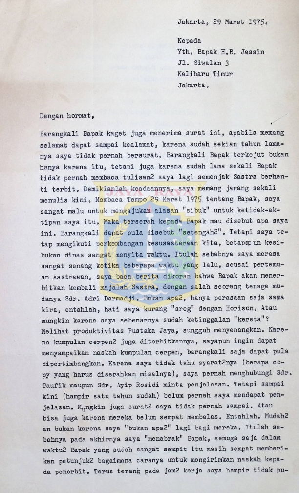 Surat dari SL. Soeprijanto untuk H.B. Jassin