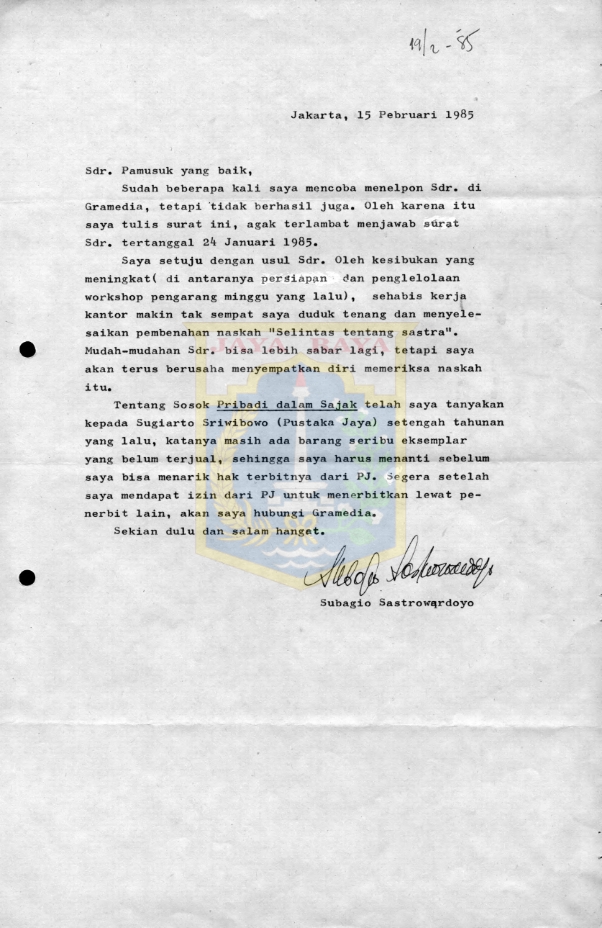 Surat untuk Pamusuk Eneste dari Subagio Sastrowardoyo (15 Februari 1985)