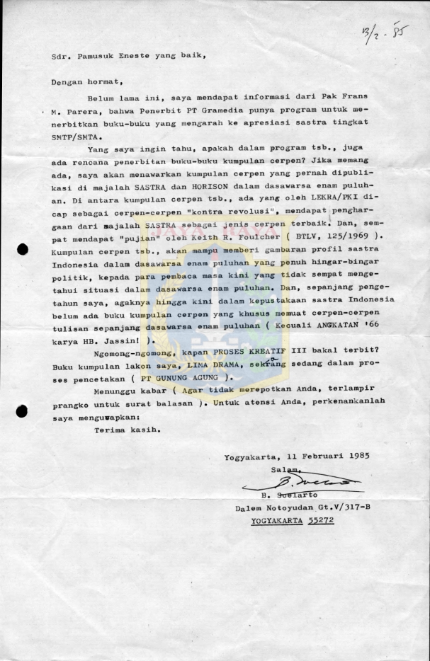 Surat untuk Pamusuk Eneste dari B. Soelarto (11 Februari 1985)