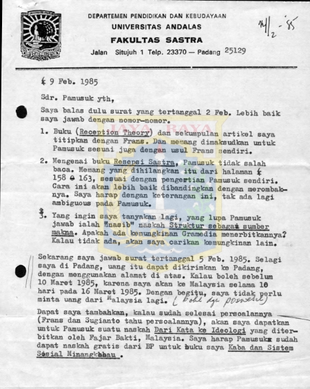 Surat untuk Pamusuk Eneste dari Umar Junus (9 Februari 1985)
