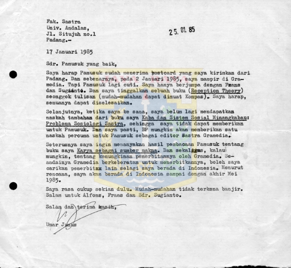 Surat untuk Pamusuk Eneste dari Umar Junus (17 Januari 1985)